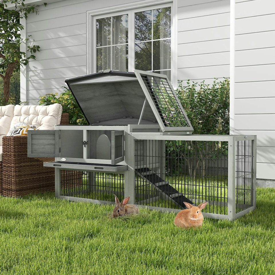 image 1 of PawHut Rabbit Hutch, Wooden Guinea Pig Hutch with Run & Tray, Grey