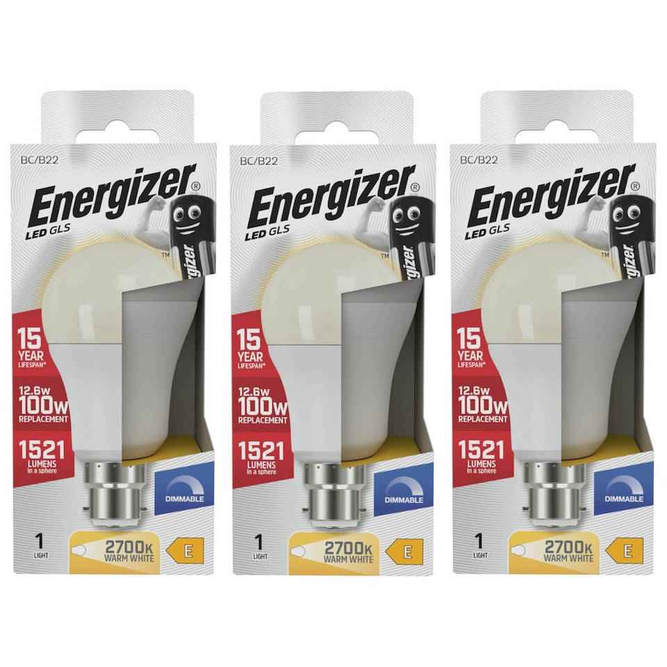 image 1 of Energizer LED GLS B22 1521lm 12.6W 2700K (Warm White) Dimmable Light Bulb - Pack of 3