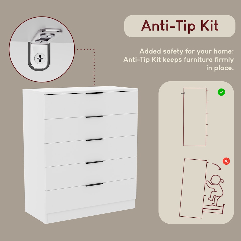image 1 of Vida Designs Trega 5 Drawer Chest of Drawers Bedroom Clothing Organiser Storage Unit - White