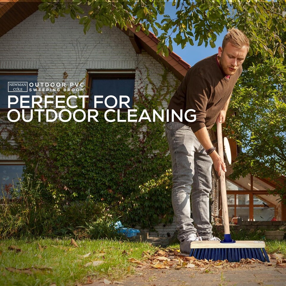 image 1 of 15" Heavy Duty Outdoor Broom with Stiff PVC Bristles and Long Wooden Handle