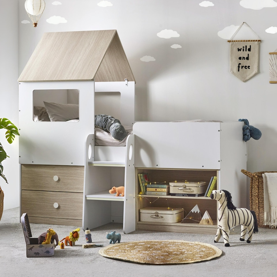 image 1 of Orpheus 90cm Single White and Wood Effect Treehouse Midsleeper Cabin Bed