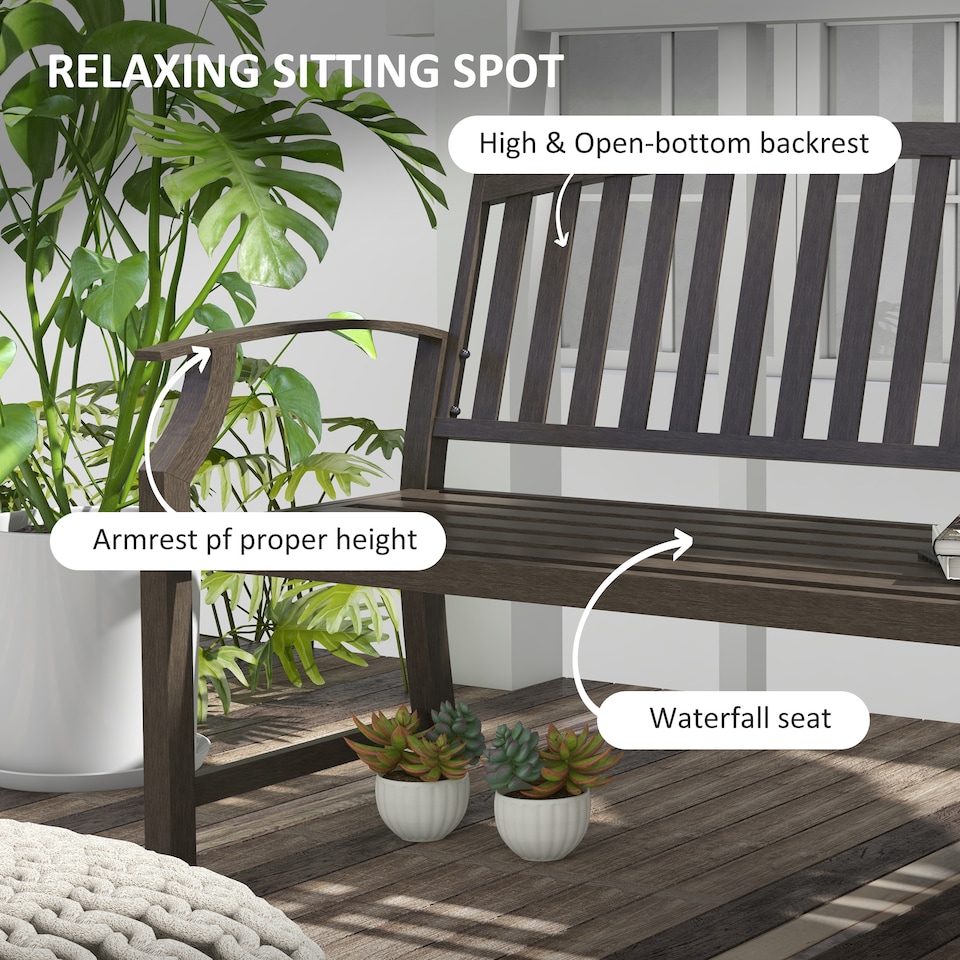 image 1 of Outsunny Garden Bench, Outdoor Metal Bench with Slatted Seat and Backrest, Curved Armrest, for Conservatory, Garden, Poolside, Deck, Brown
