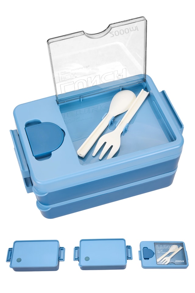 image 1 of Living and Home 2000ml 2-Tier Lunch Box with Cutlery & Sauce Container | Blue