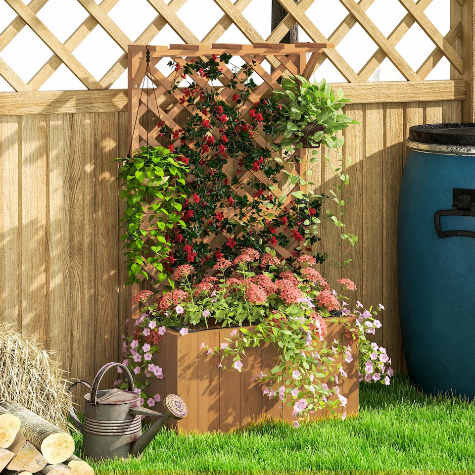 image 1 of Outsunny Outdoor Wooden Planter with Trellis and Drainage Holes, Natural