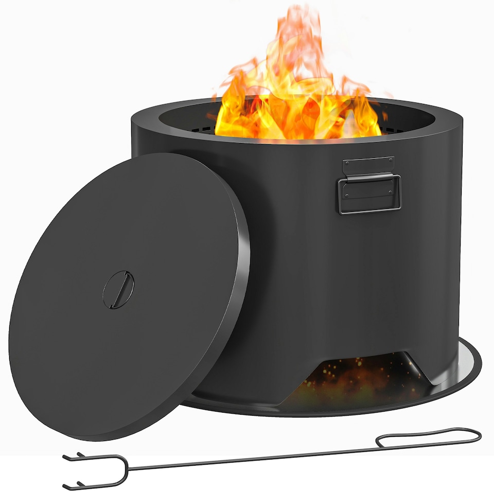 image 1 of Outsunny Outdoor Round Fire Pit with Lid, Firepit with Fire Poker, Black