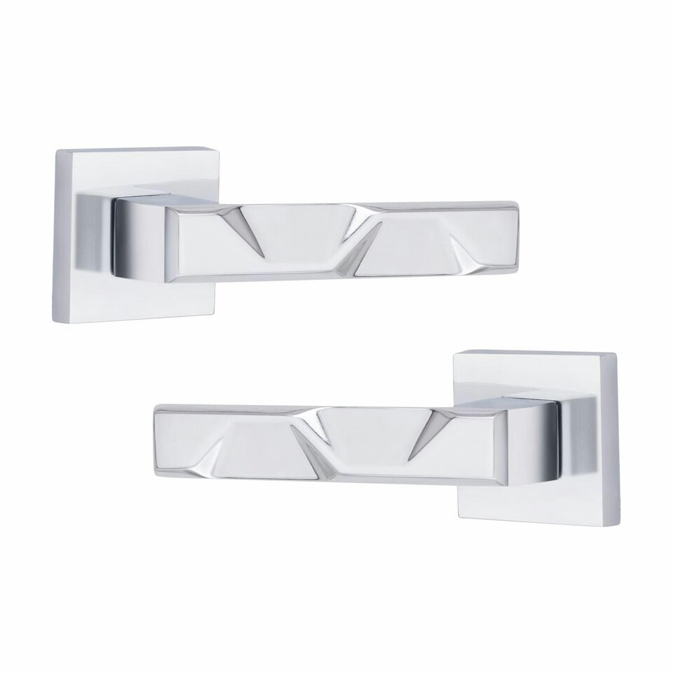 image 1 of Golden Grace 1 Pair Modern Nova Premium Design Door Handles on Square Rose in Polished Chrome with 3" Ball Bearing Hinges and 2.5" Tubular Latch Chrome