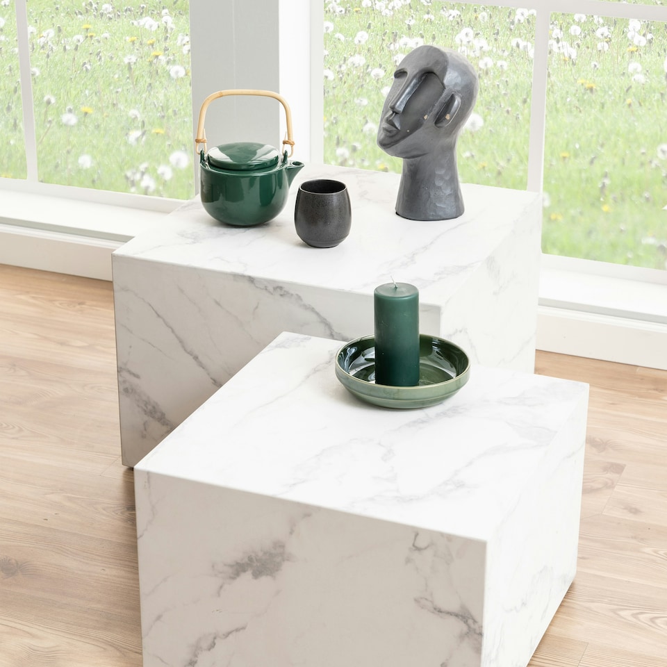 image 1 of Dice Square Coffee Table Set in White Marble Effect