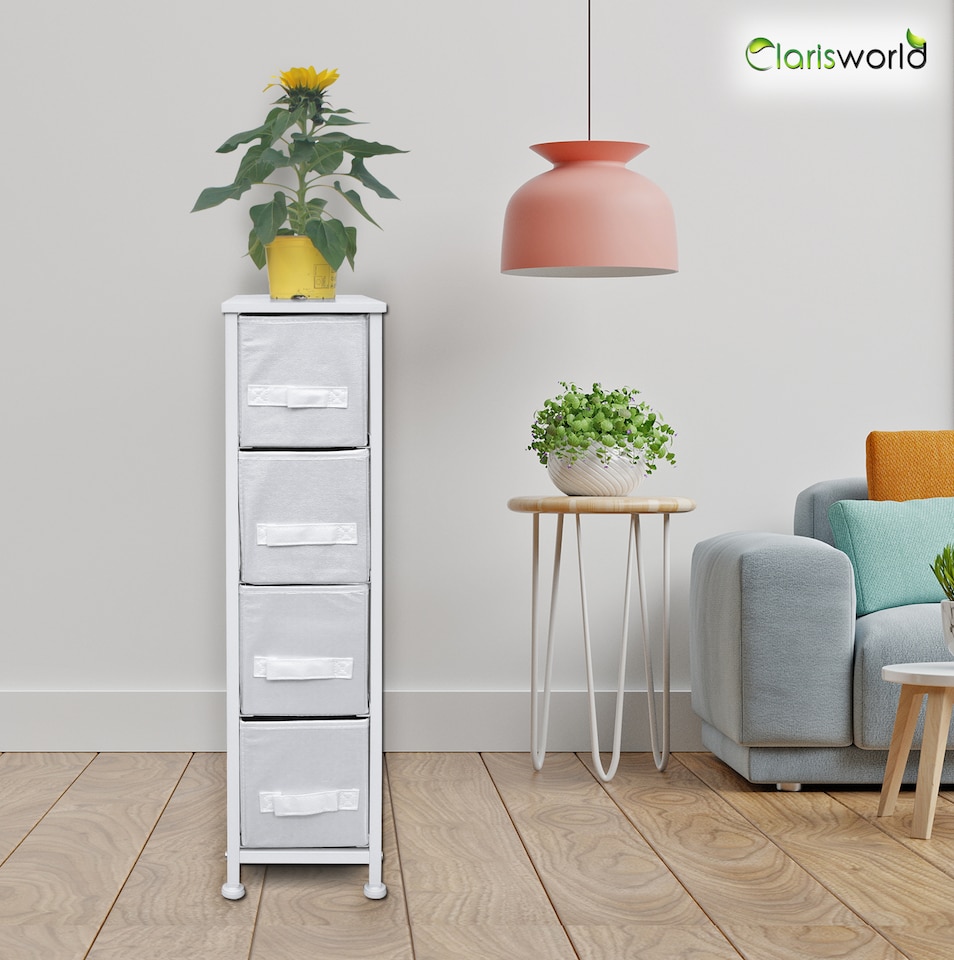 image 1 of Clarisworld 4 Narrow Drawer Storage Tower Dresser with Wood Top, Steel Frame & Laminated Fabric Drawers, Slim Storage Organiser Unit for Bedroom, Hallway, Entryway, Closet & Office