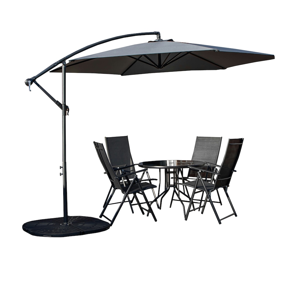 image 1 of Outdoor 4 Person Round Glass Top Garden Dining Table Chairs With Grey Banana Parasol and Base