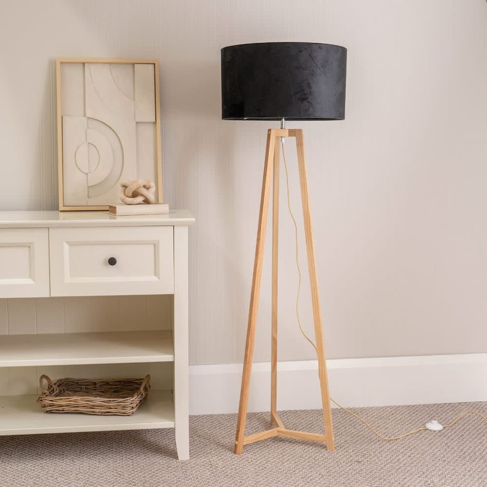 image 1 of ValueLights Lottie Natural Wood Tripod Floor Lamp Black Velvet Shade | Black