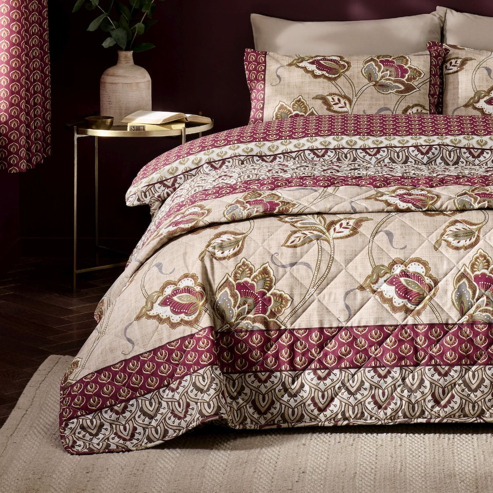 image 1 of Catherine Lansfield Kashmir Paisley Floral Reversible Quilted Bedspread | Cream | Natural | One Size