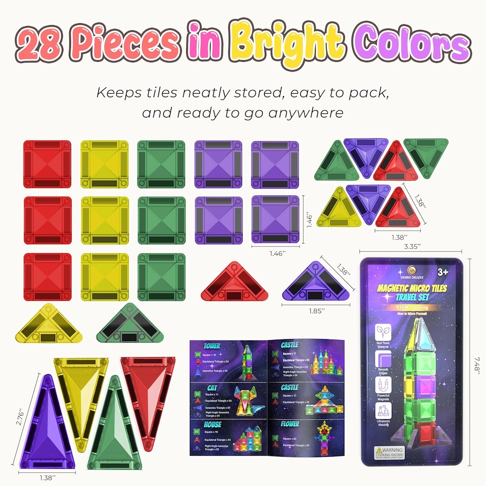 image 1 of Desire Deluxe Micro Magnetic Tiles Building Blocks Toy STEM Educational Travel Size Magnetics Blocks for Kids, Preschool Sensory Montessori Toddler Magnetic Toys for Boys & Girls 3 plus Years Old 28PCS Multicolour