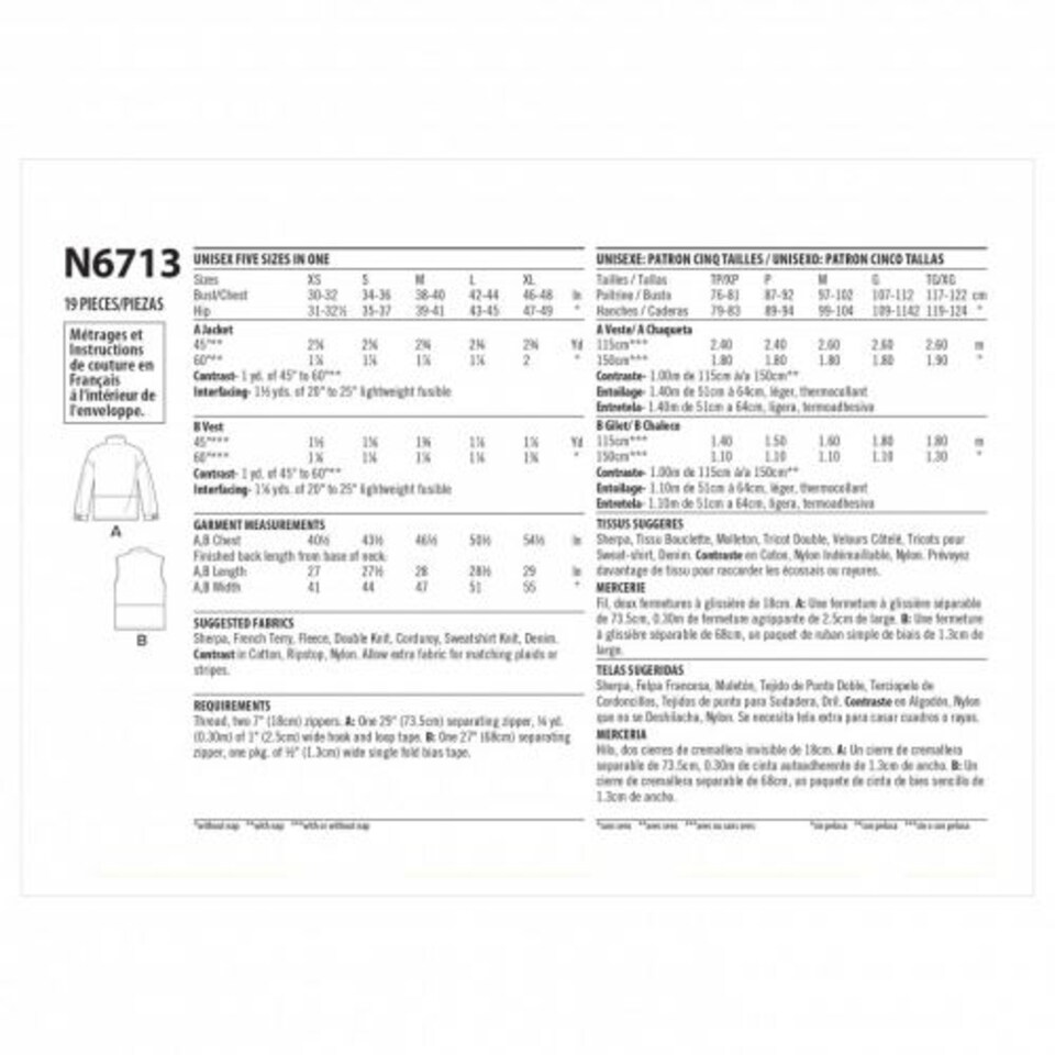 image 1 of New Look 6713 Paper Sewing Pattern – Men’s & Women’s Jackets & Waistcoats, Size A (XS–S–M–L–XL), Intermediate