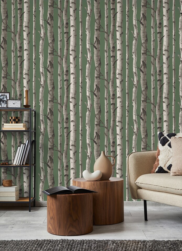 image 1 of Fine Decor FD43292 Birch Trees Wallpaper, Hunter Green