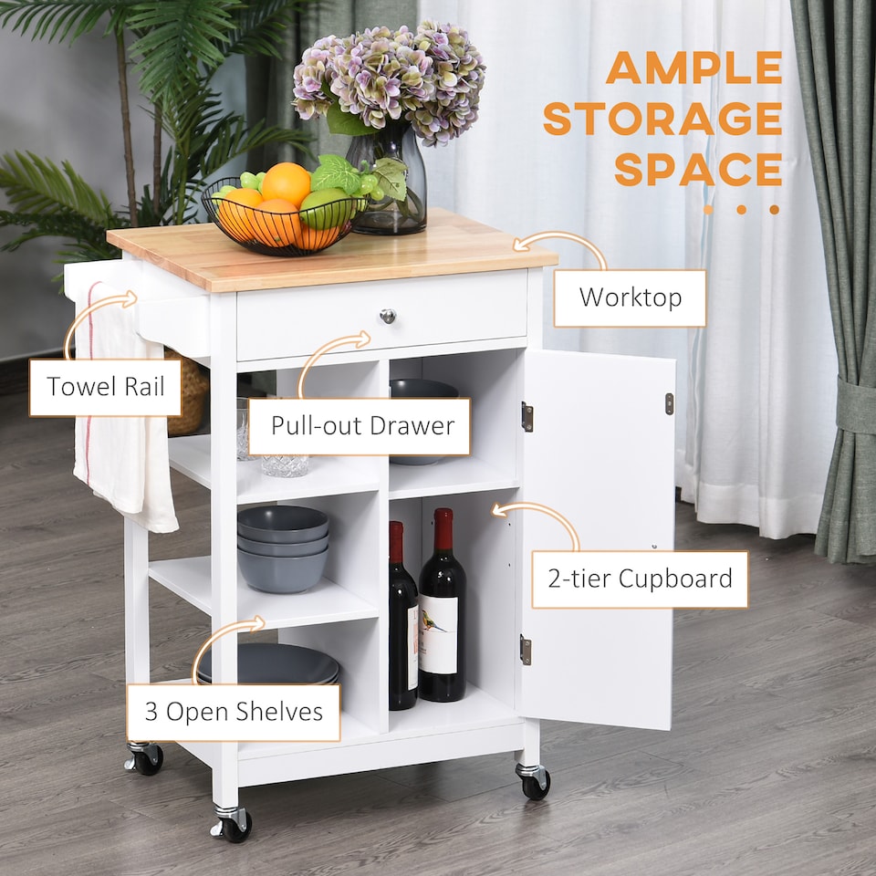 image 1 of HOMCOM Kitchen Trolley, Kitchen Island on Wheels, w Wood Top, 3 Shelves and Storage Cupboard, White