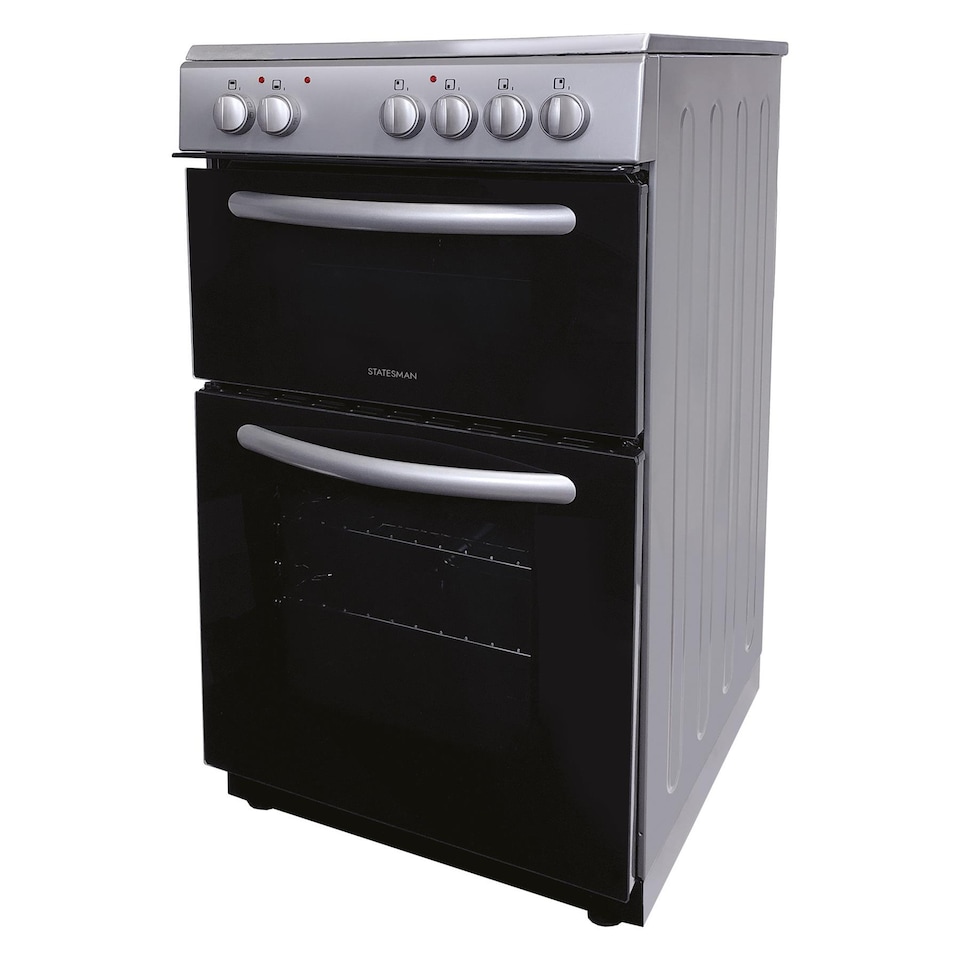 image 1 of Statesman EDC50S Fan Assisted Double Oven Electric Cooker, 4 Zone Ceramic Hob, 50cm Wide, Silver,H:900 x W:500 x D600 (MM)