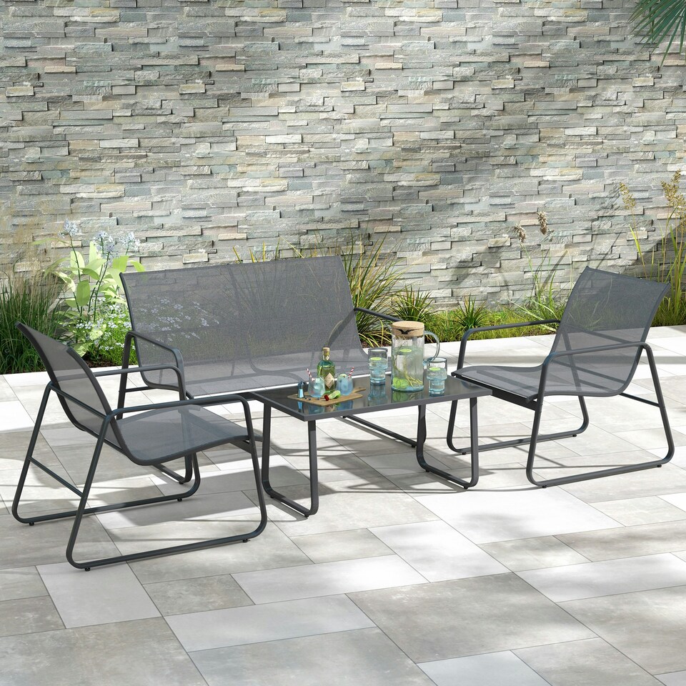 image 1 of Outsunny 4 Piece Garden Furniture Set Patio Sofa Set w/ Chairs, Glass Top Table 