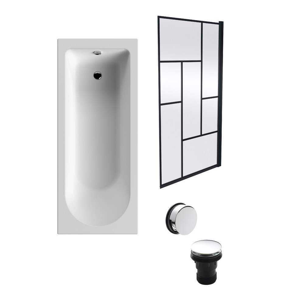 image 1 of Round Single Ended Bath, Black Abstract Screen and Chrome Waste - 1700 x 700mm White