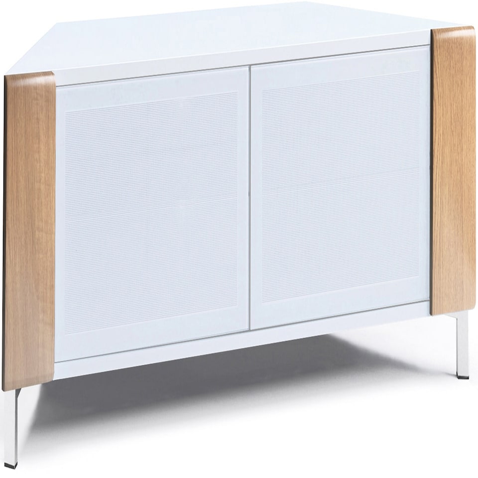 image 1 of MDA Designs CORVUS Corner-Friendly Gloss White Contemporary Cabinet with Oak Profiles White BeamThru Glass Doors Suitable for Flat Screen TVs up to 50" | Multi | 1