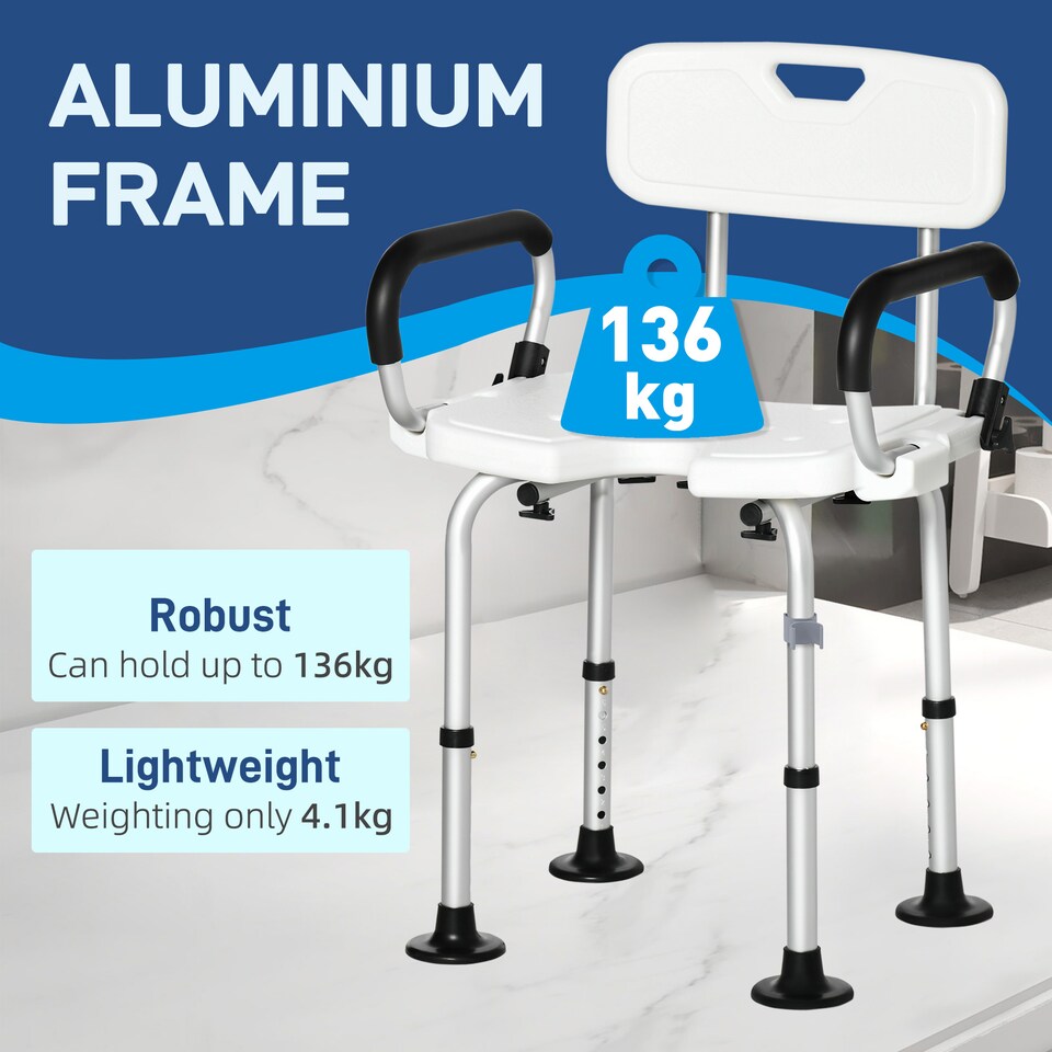 image 1 of HOMCOM Shower Chair for the Elderly and Disabled, Height Adjustable Shower Stool with Back and Flipped Padded Arms, Suction Foot Pads, White