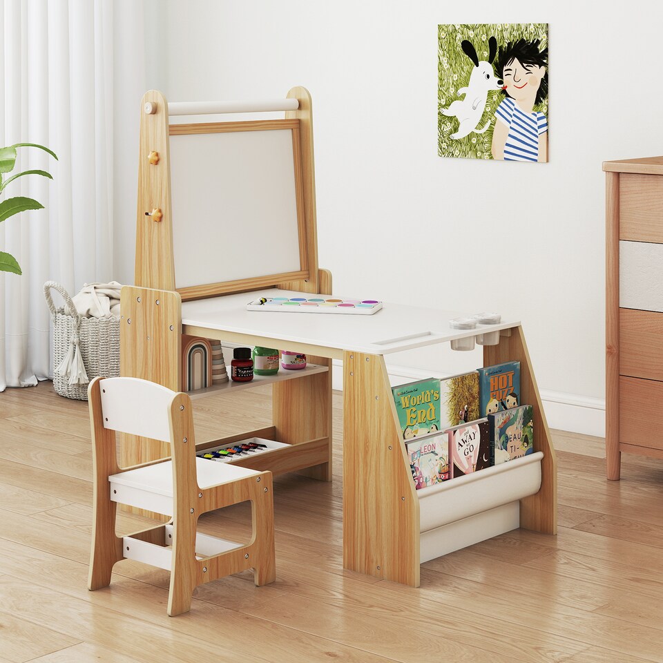 image 1 of COSTWAY Kids Art Table and Chair Set Multifunctional Kids Activity-Natural