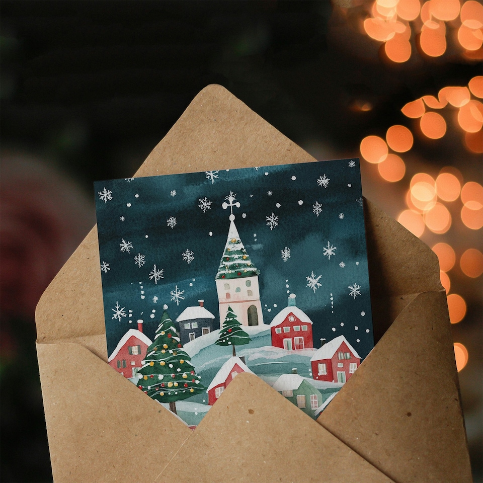 image 1 of Festive Hill Town Winter Trees Festive Xmas Art Blank Christmas Card