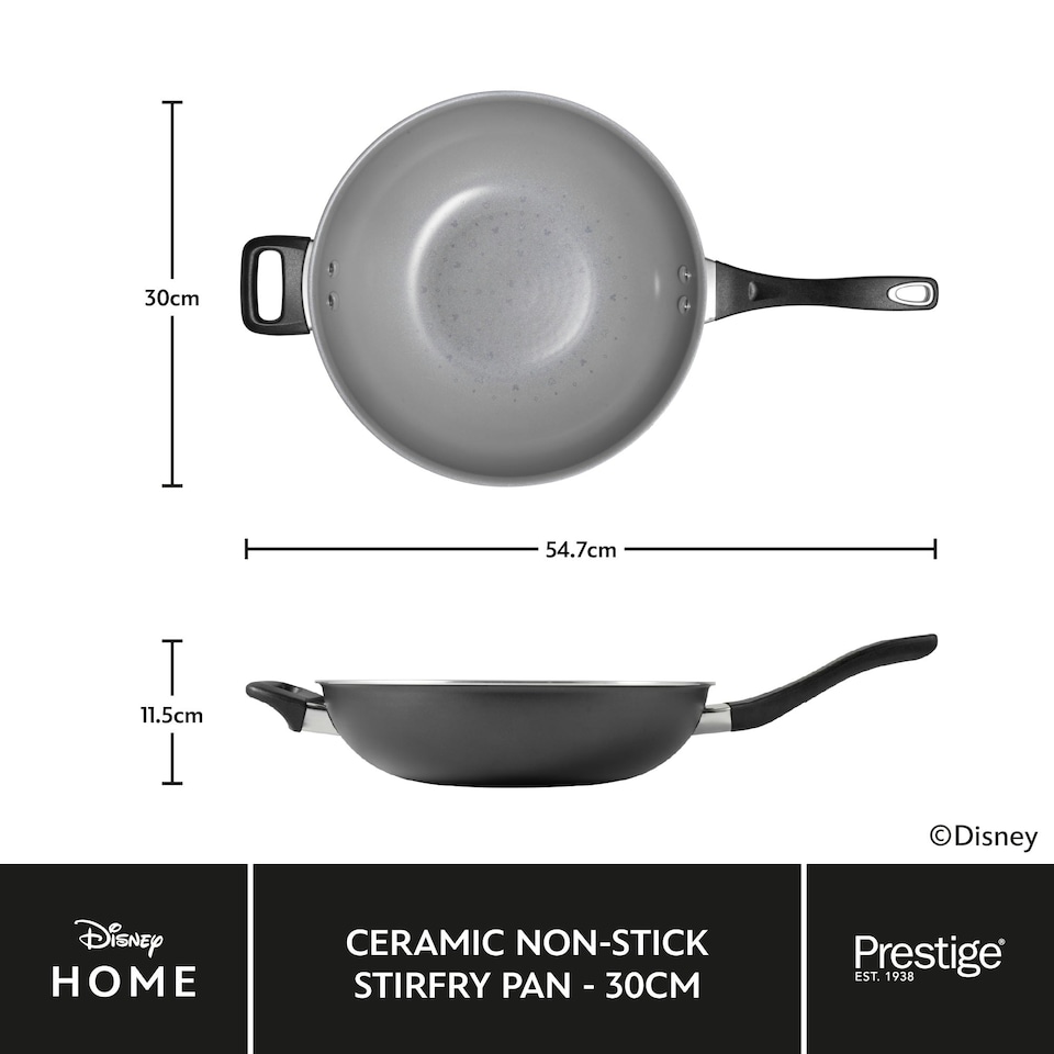image 1 of Prestige Disney Monochrome Mickey Mouse: Ceramic Non-Stick Wok & Helper Handle - 30cm