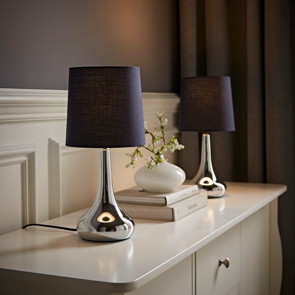 image 1 of ValueLights Teardrop Pair Chrome Touch Table Lamps Navy Shade | Black