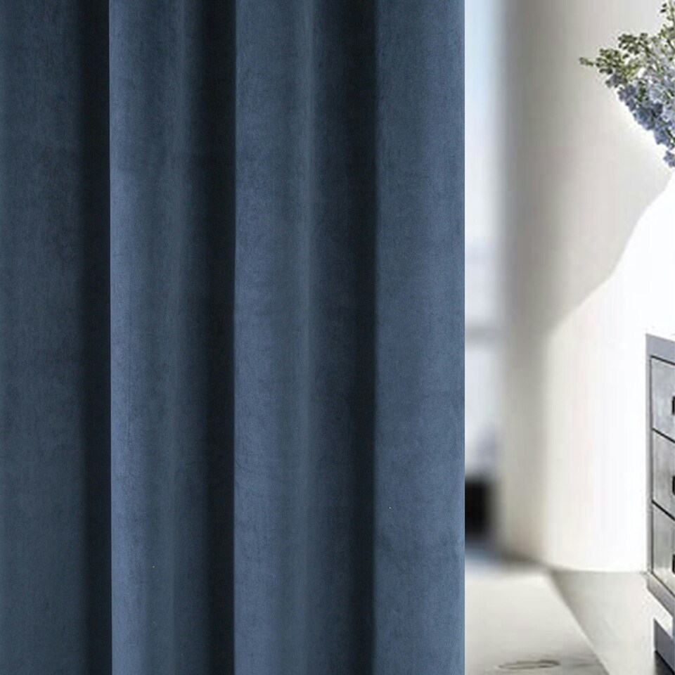 image 1 of Oxford Navy Velvet Curtains 66 x 72 inch (168 x 183 cm) 100% Blackout Pencil Pleat Thermal Noise Reducing Curtains for Bedroom and Living Room
