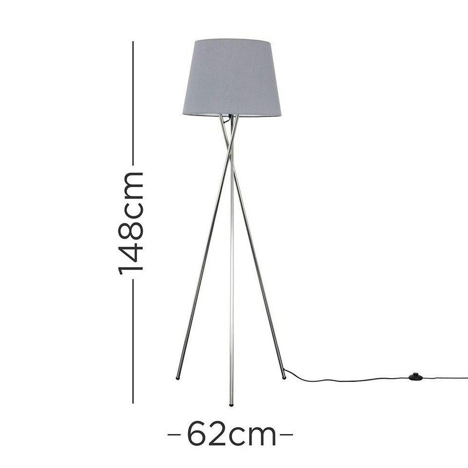 image 1 of ValueLights Camden Chrome Tripod Floor Lamp Grey Taper Shade & Bulb Grey