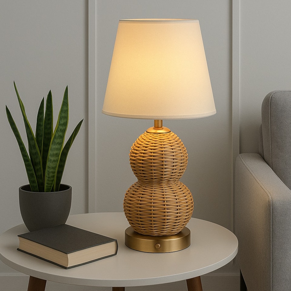 image 1 of RECHARGEABLE RATTAN TABLE LAMP | Brown