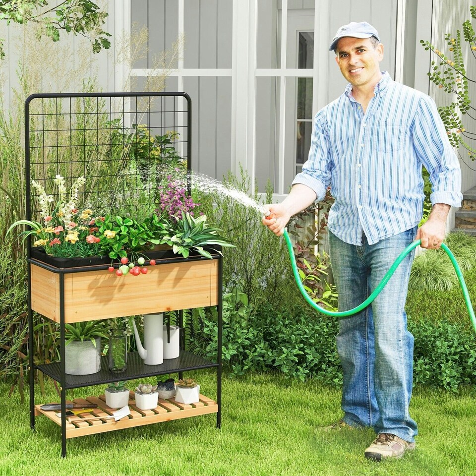image 1 of COSTWAY Raised Garden Bed Planter Box with 2-tier Shelves N/A