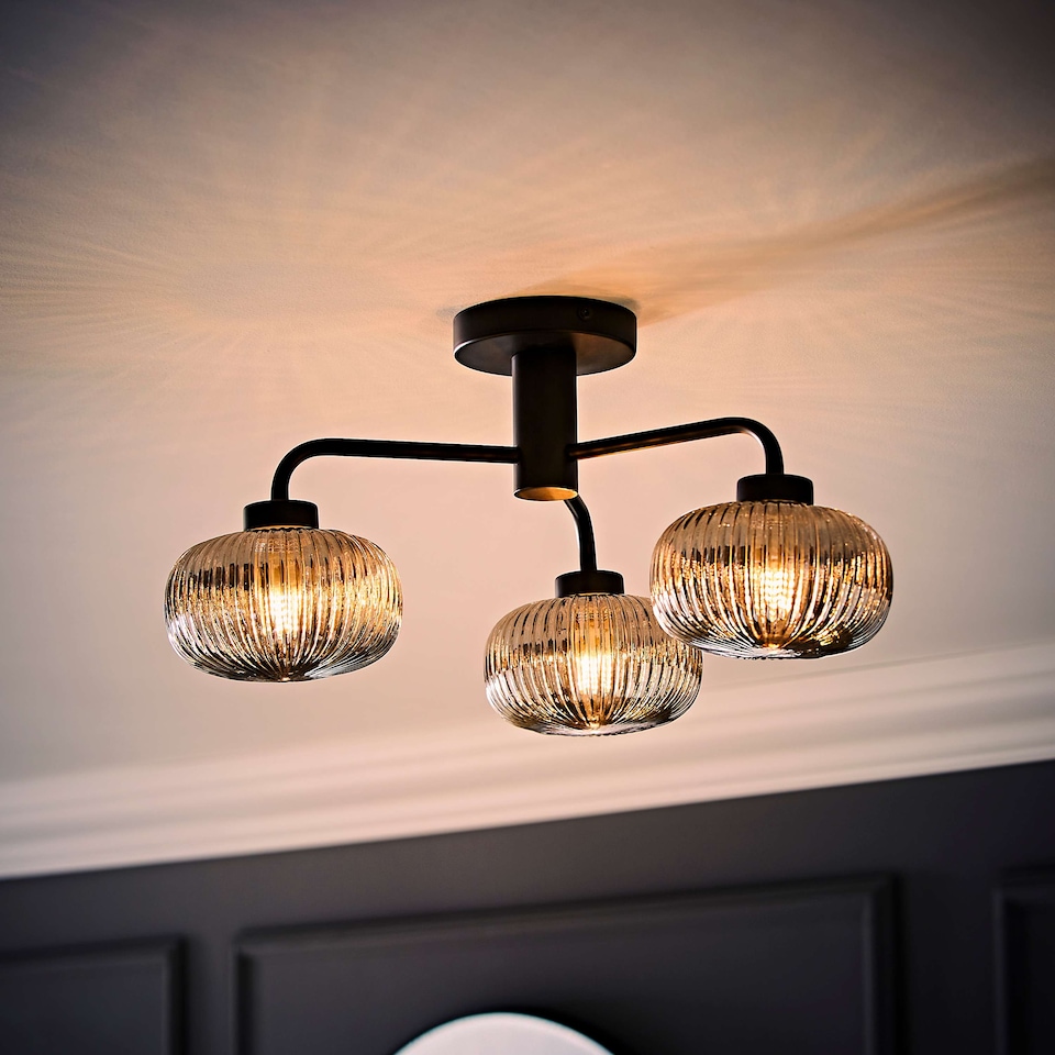 image 1 of ValueLights Amaia Black IP44 3 Way Smoke Ribbed Glass Ceiling Light | Black
