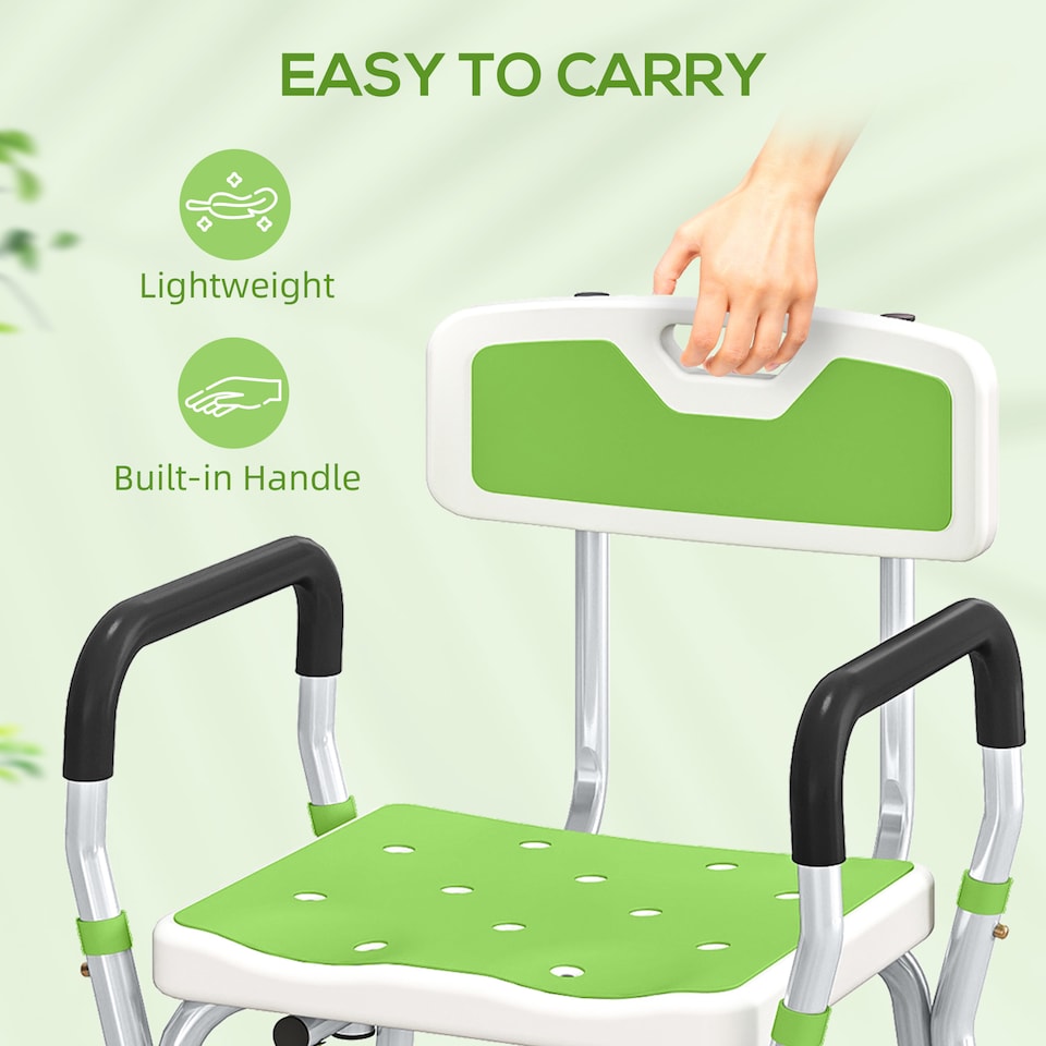 image 1 of HOMCOM EVA Padded Shower Chair for the Elderly and Disabled, Height Adjustable Shower Stool with Back and Arms, 4 Suction Foot Pads, Green | Green