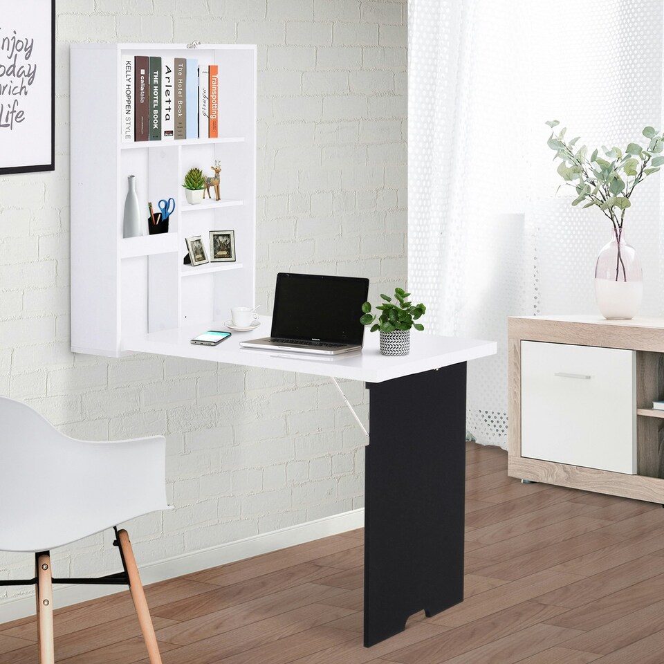 image 1 of HOMCOM Multi-Functional Folding Wall-Mounted Table withChalkboard Shelf