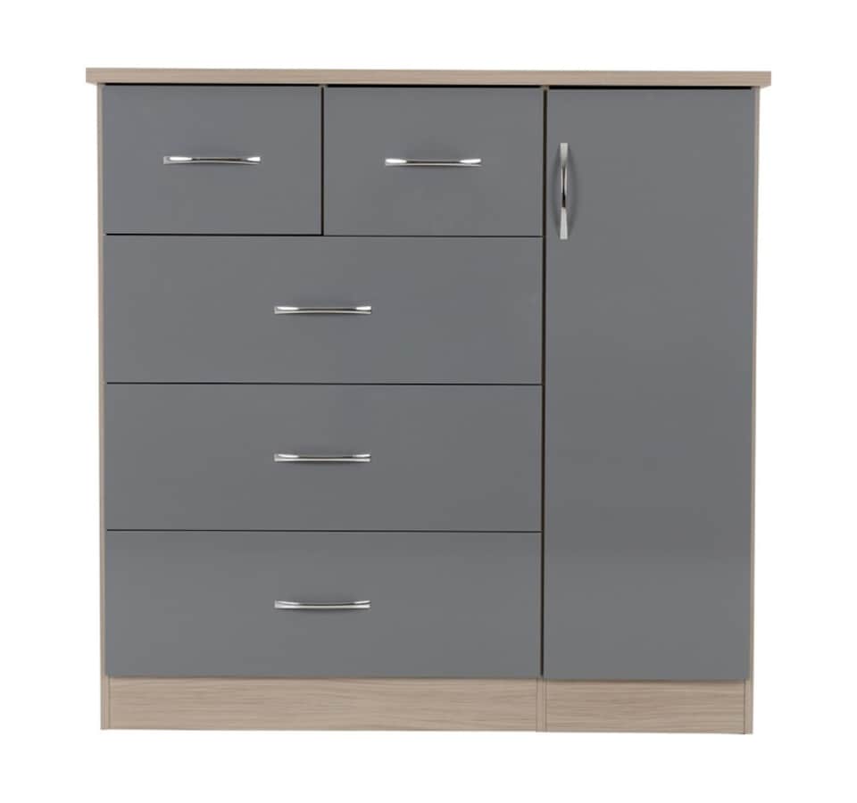 image 1 of Nevada 5 Drawer Low Wardrobe - L46 x W117 x H115 cm - Grey Gloss/Light Oak Effect Veneer