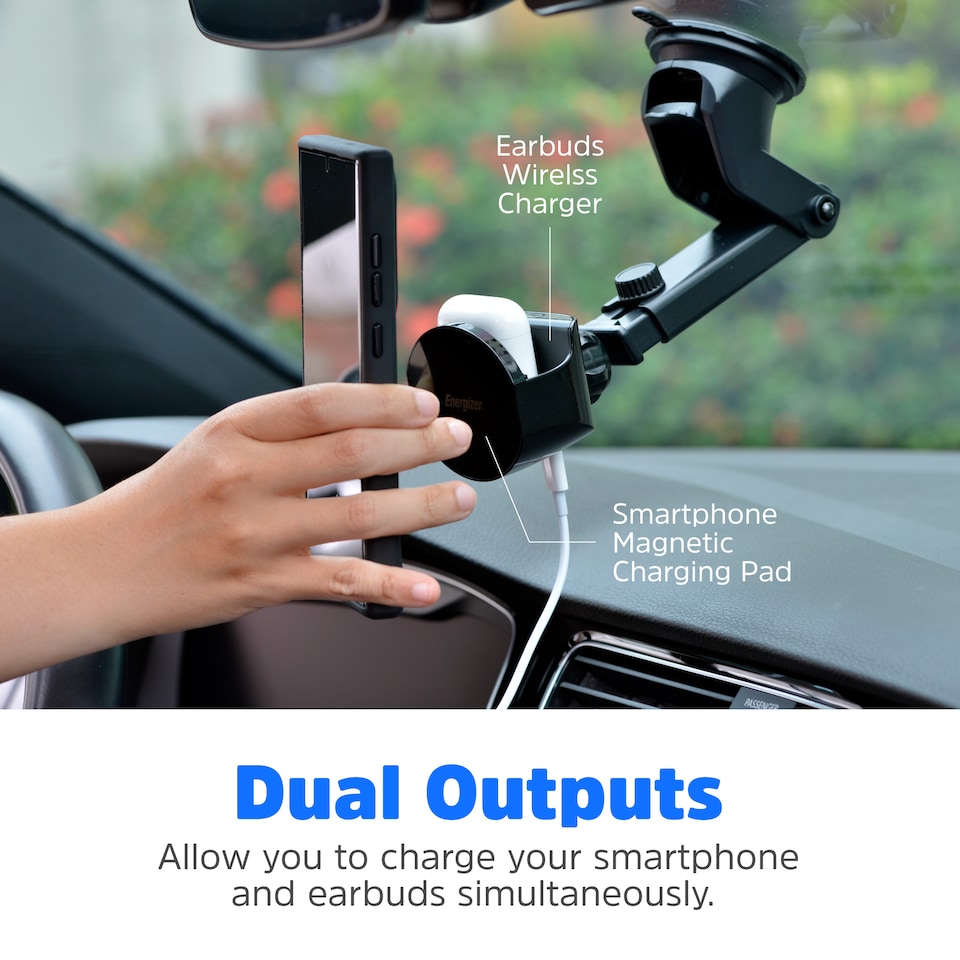 image 1 of Energizer In-Car Magnetic QI Wireless Charger & Airpods Black