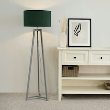 ValueLights Lottie Grey Wood Tripod Floor Lamp with Green Fabric Drum Shade and LED Bulb