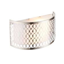 Cordero Flush Wall Lamp Satin Nickel Plate, White Fabric & Frosted Glass 2x E14
