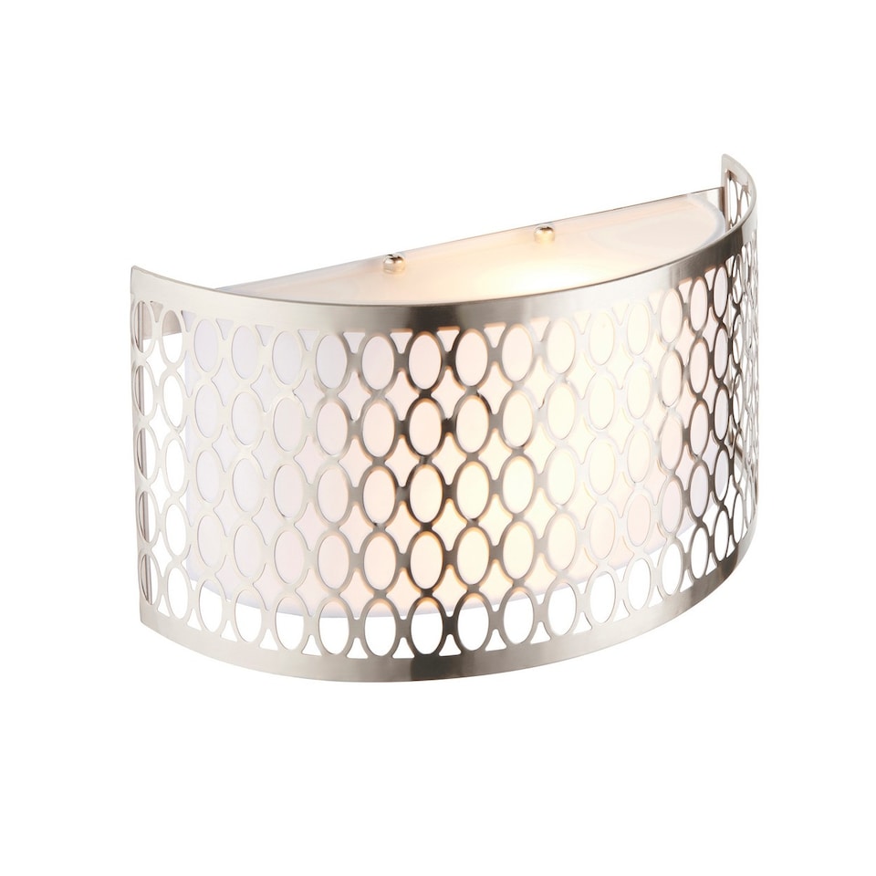image 1 of Cordero Flush Wall Lamp Satin Nickel Plate, White Fabric & Frosted Glass 2x E14