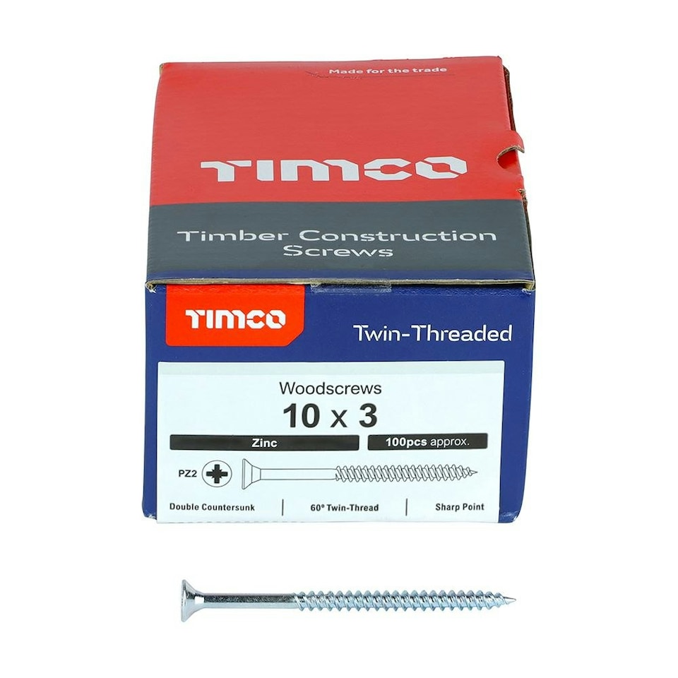 image 1 of Timco - Twin-Threaded Woodscrews - PZ - Double Countersunk - Zinc (Size 10 x 3 - 100 Pieces)