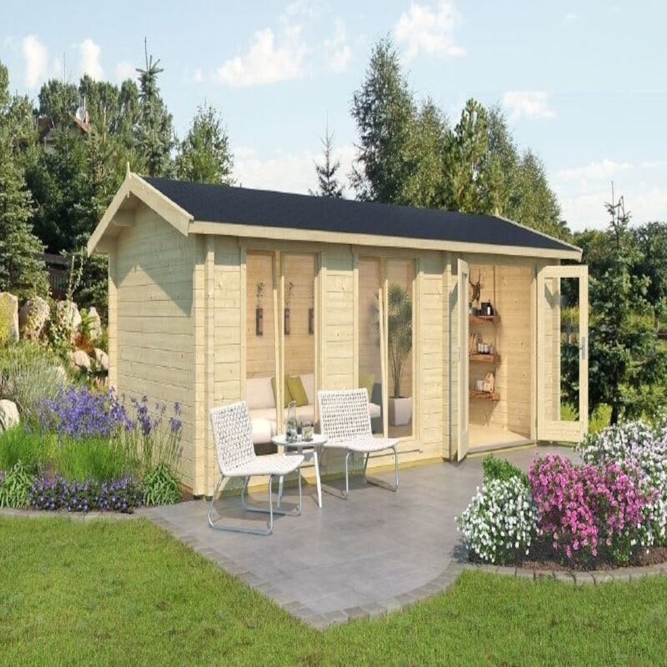 image 1 of Shetland 2-Log Cabin, Wooden Garden Room, Timber Summerhouse, Home Office - L660 x W346.8 x H244.8 cm Brown