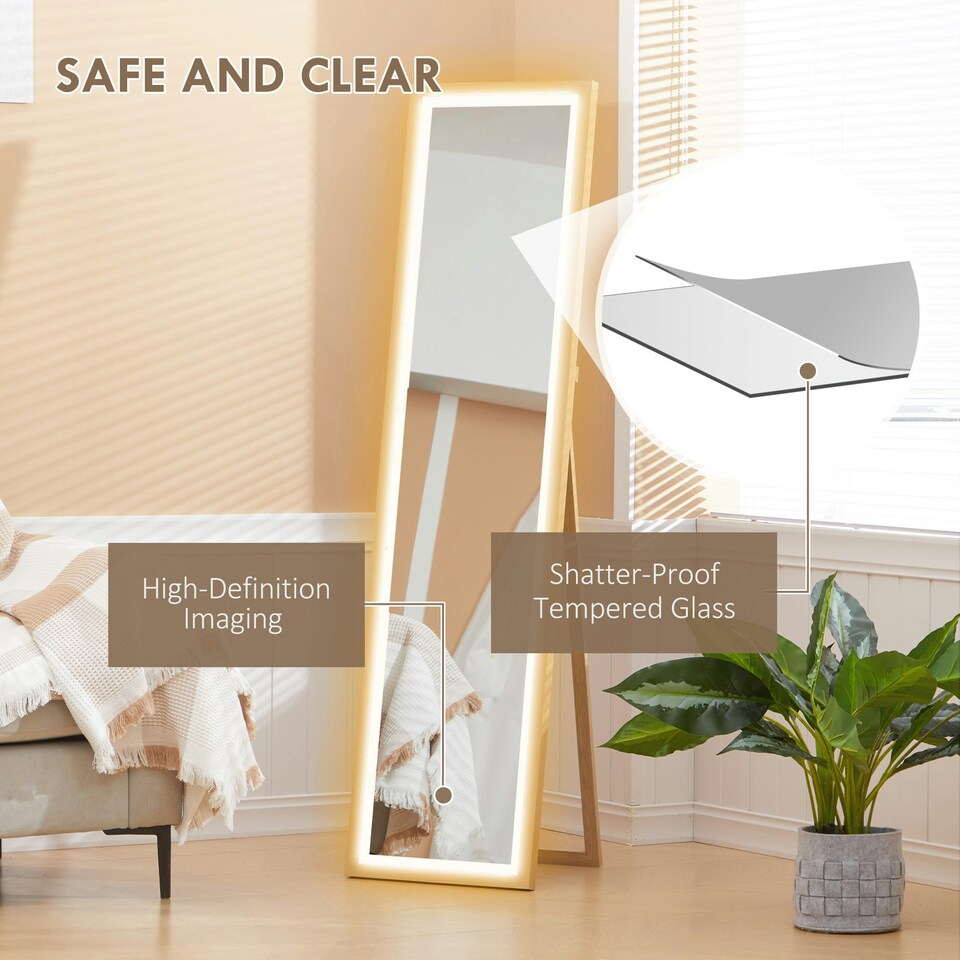 image 1 of HOMCOM Dimming Full Length Mirror w/ Lights Standing Leaning Wall Mount Oak