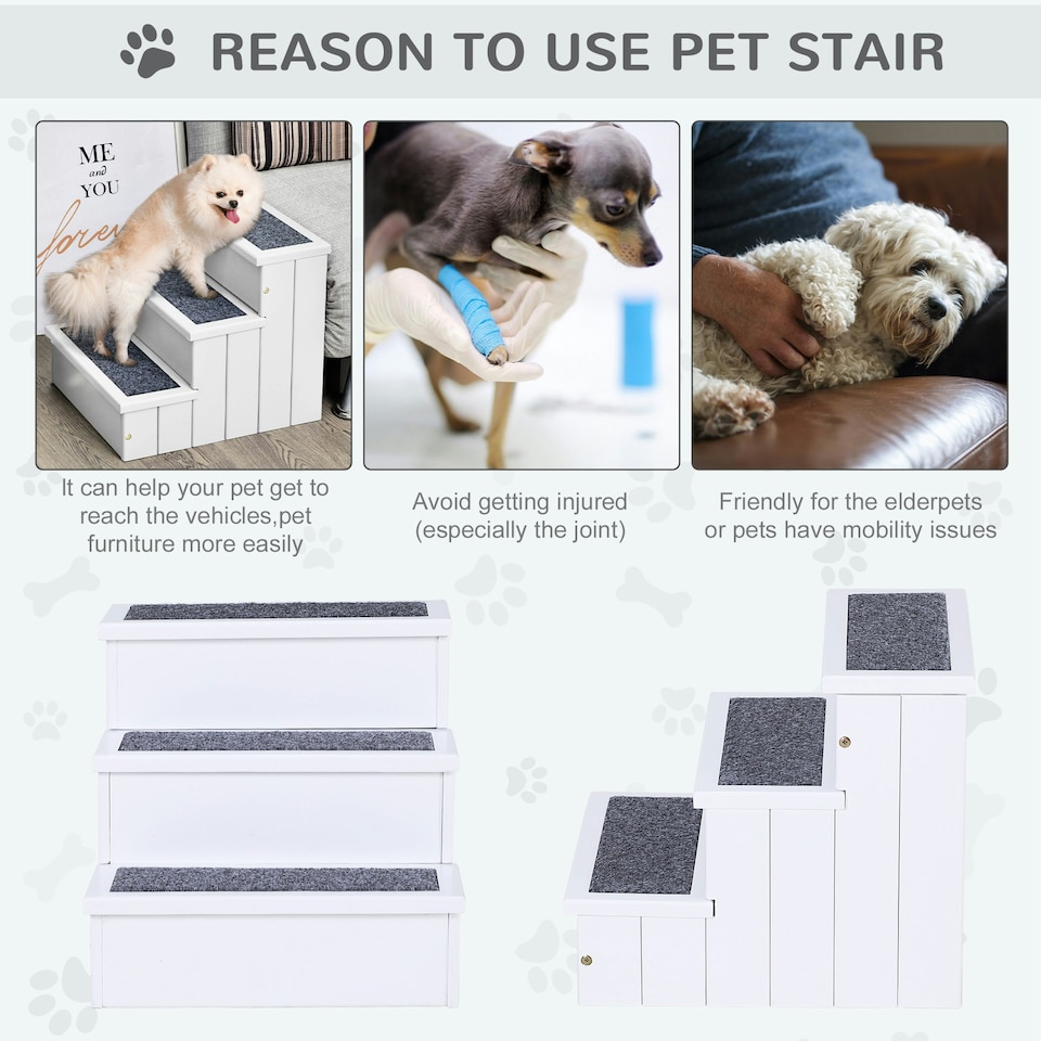 image 1 of PawHut 3 Step Wooden Dog Steps Pet Stairs Cat Ladder for Bed with Storage White