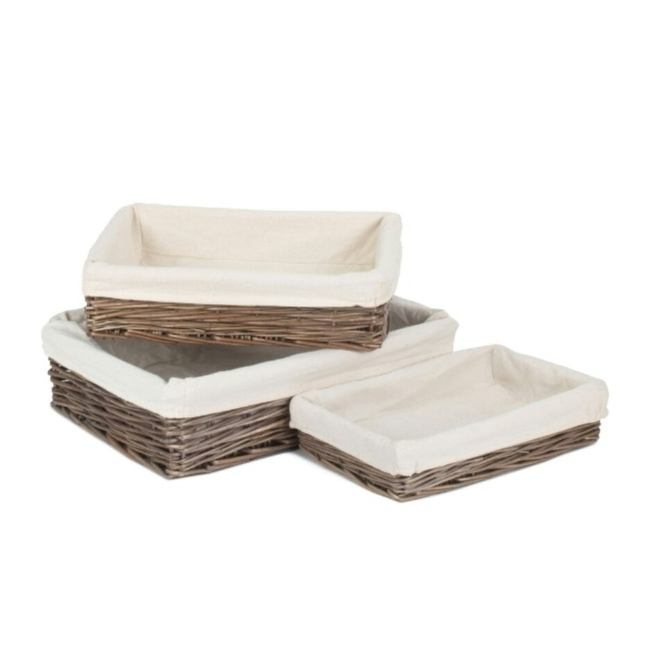 image 1 of Lined Antique Wash Rectangular Straight-Sided Wicker Tray Set of 3 Brown | Brown