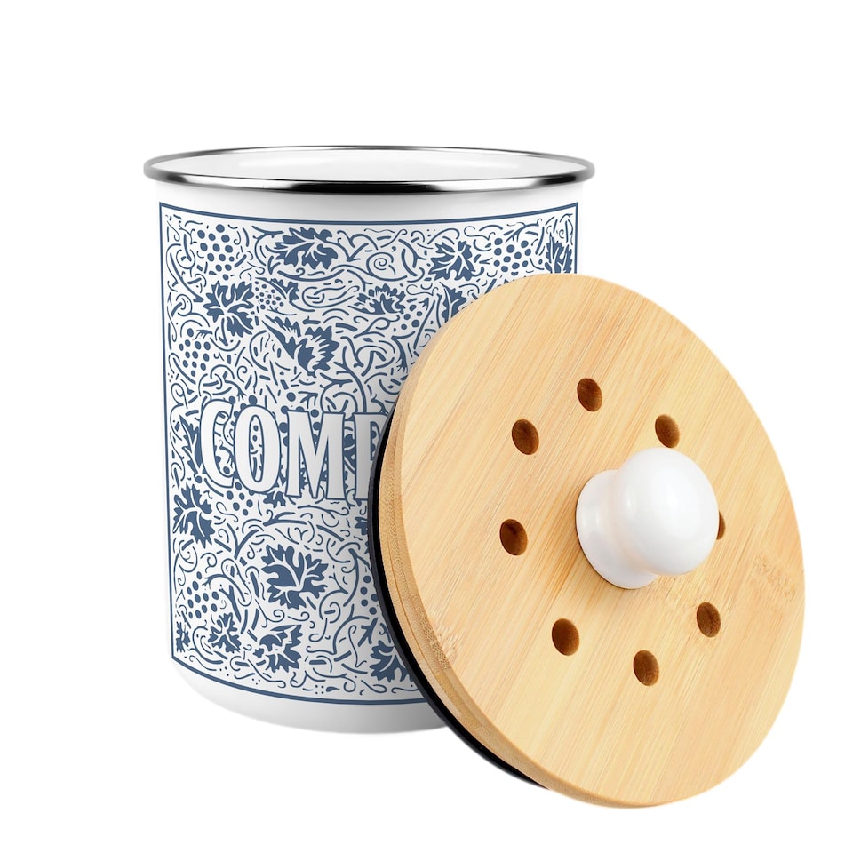 image 1 of Oak Leaves & Berries Compost Caddy - Metal 2L Blue Decorative Kitchen Food Waste Bin