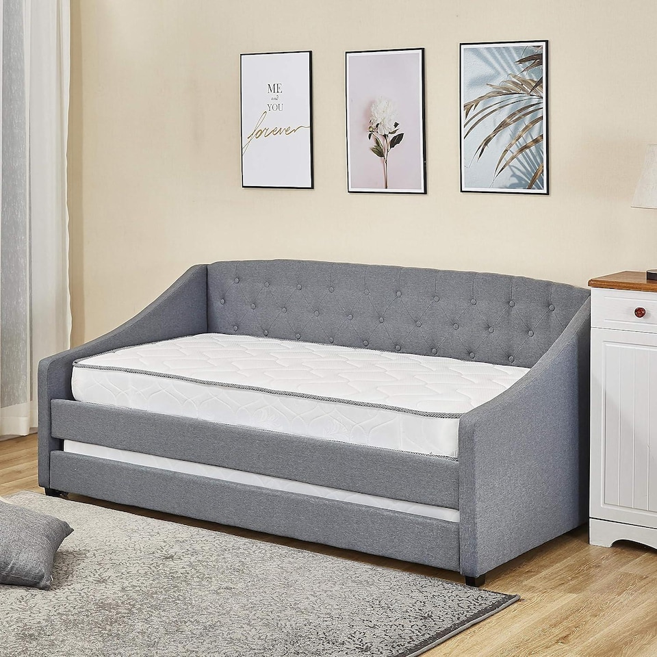 image 1 of Daybed with Trundle Grey 3ft Single with 2 Mattresses Fabric Tufted Wooden Bedroom | Grey | One Size