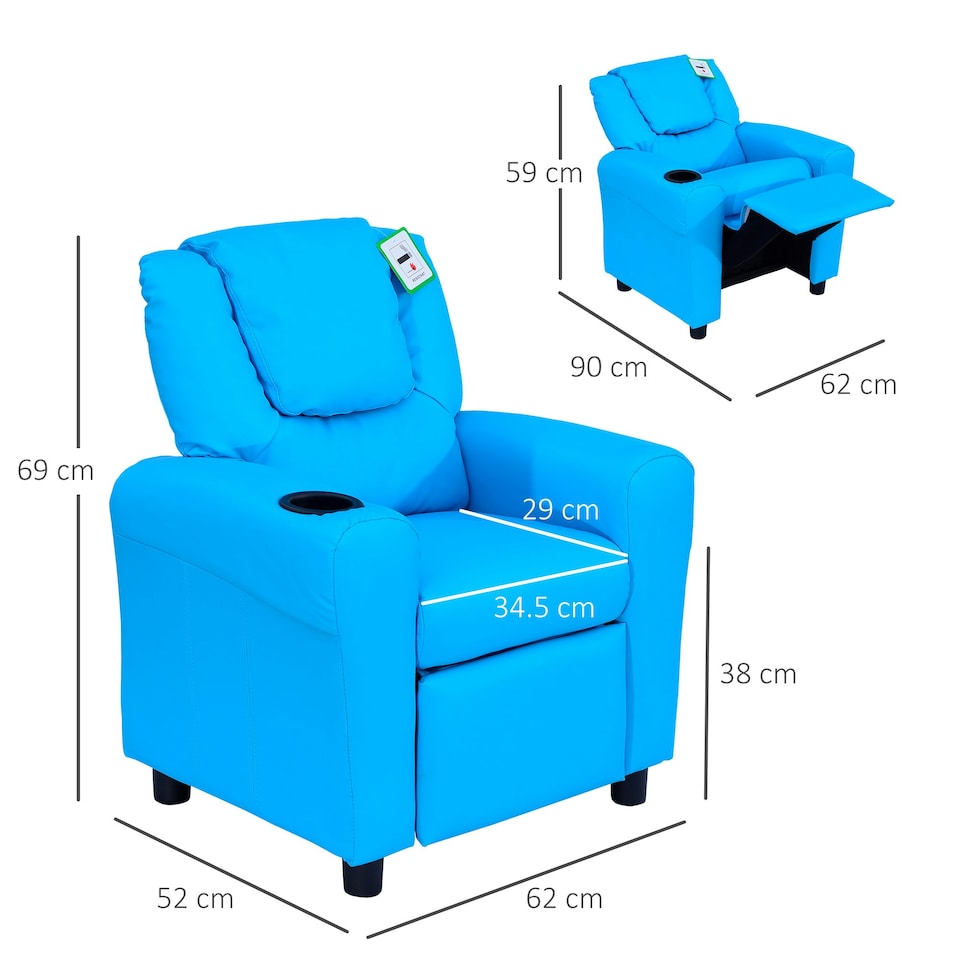 image 1 of HOMCOM Kids Recliner Chair w/ Cup Holder, PU Leather Children Lounger, Blue Blue