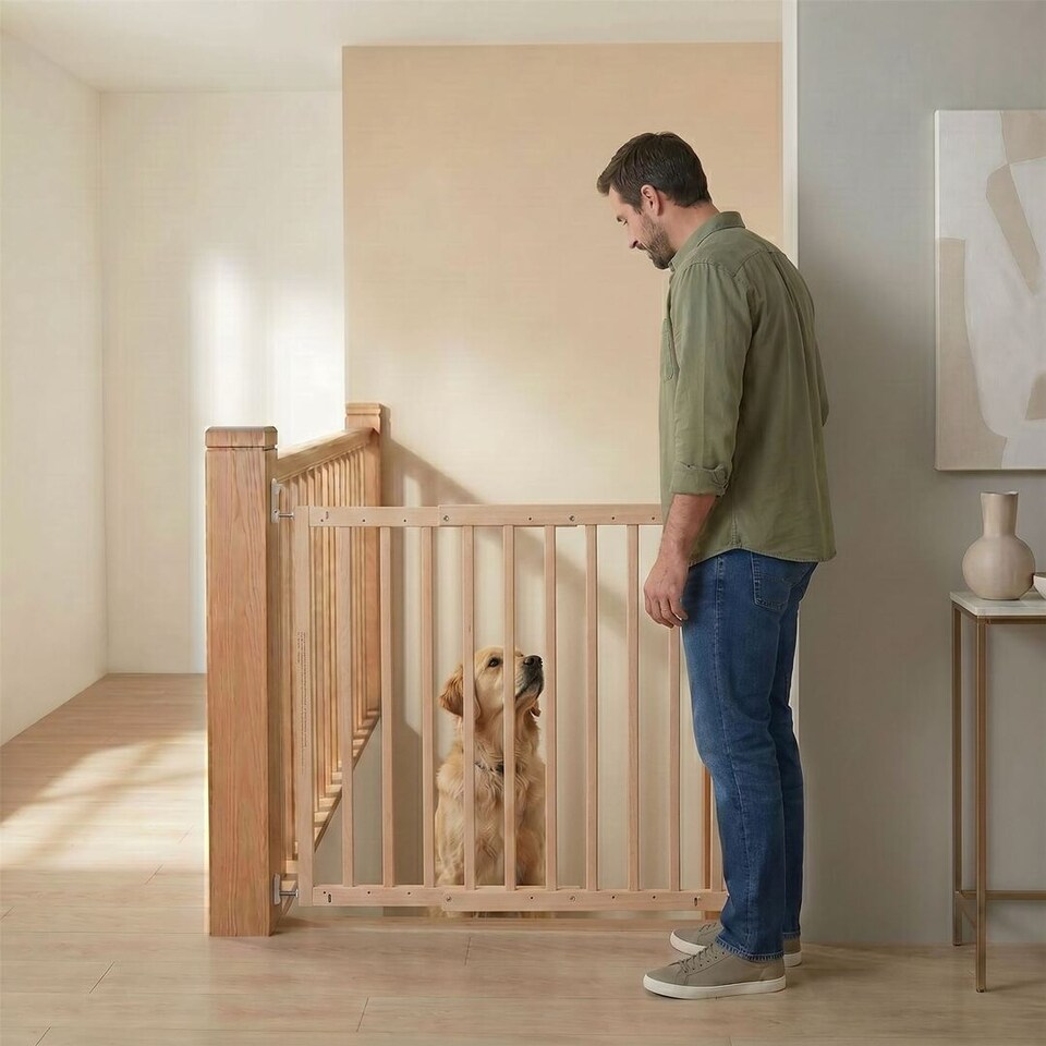 image 1 of Safetots Top of The Stairs Screw Fitted Stair Gate, Natural Wooden, 63.5cm - 105.5cm, Wood Baby Gate, Safety Gate | Cream | 1