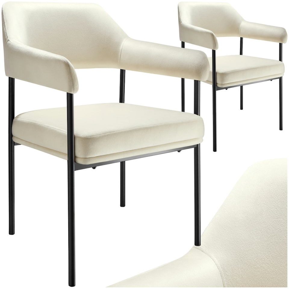 image 1 of Armchair Doe - durable fabric, black powder-coated legs, 120 kg load, 58 x 62 x 85 cm - Set of 2 White | Velvet Look Off-White